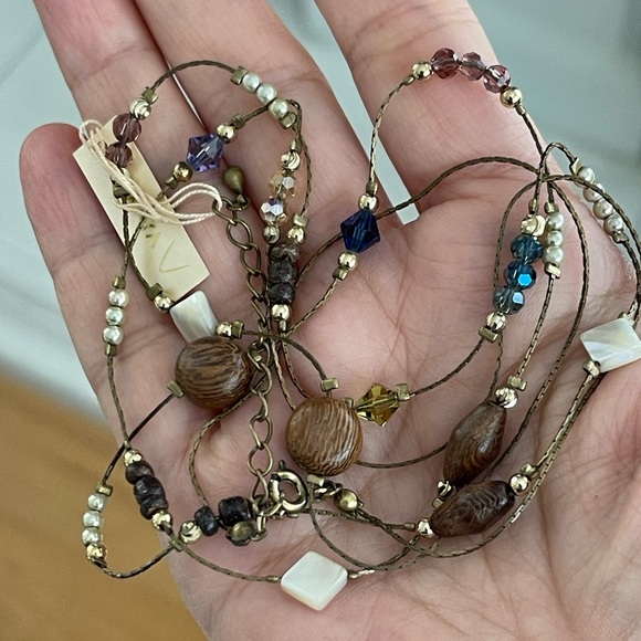 Japanese multi gem & wood antiqued brass long necklace - Picture 6 of 10